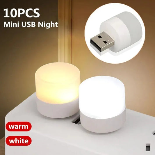 "1/10Pcs Mini USB LED Night Light – Warm White, Eye-Care, Portable Reading Lamp"